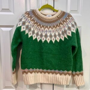 Bluivy Green Crewneck Fair Isle Knit Sweater with Cream and Tan Accents